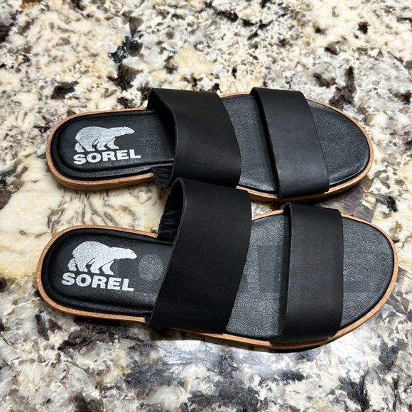 Sorel Black Leather Double Strap Ella II Slide Sandals Size 5 - Picture 2 of 5